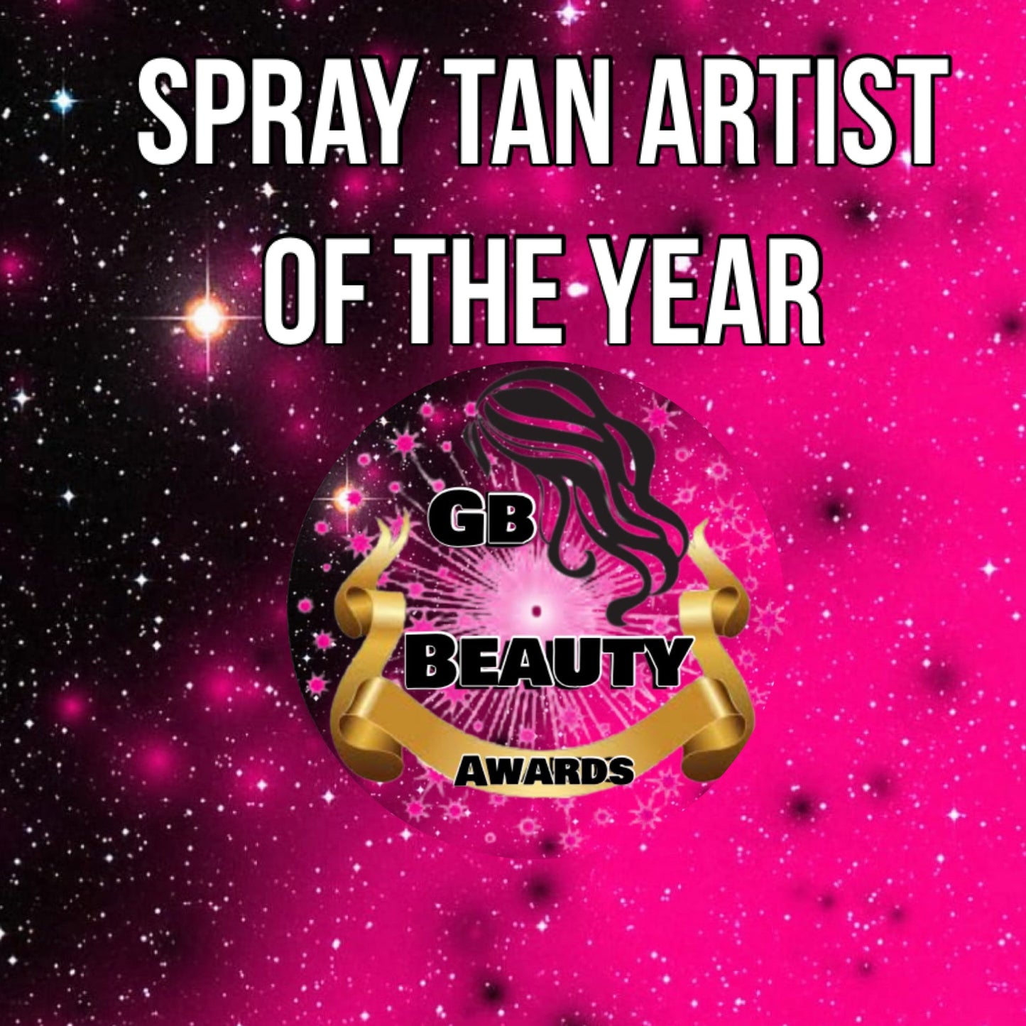 Spray Tan Artist of the Year 2026 GB Beauty Awards logo on pink starry background