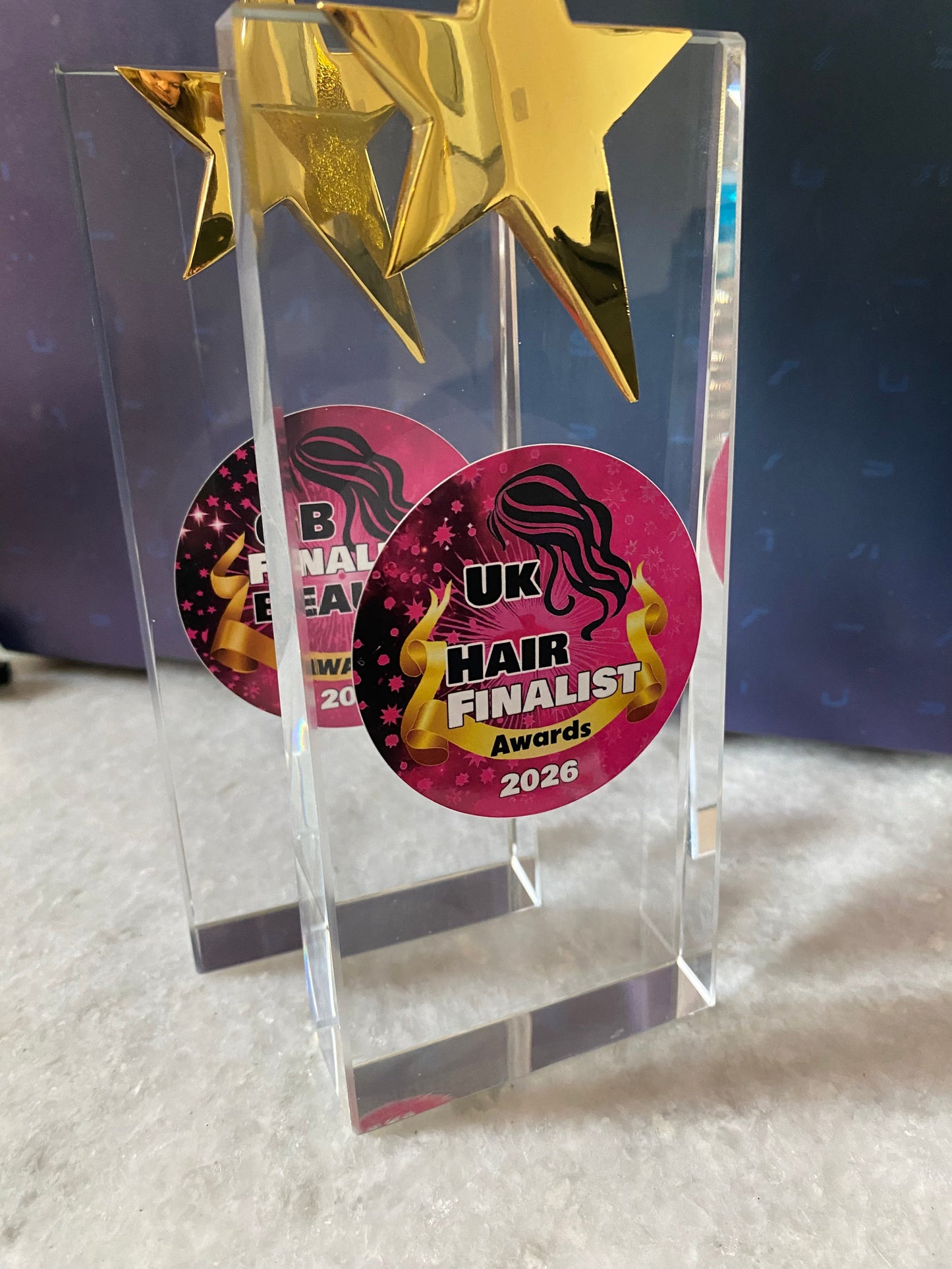 2026 Finalist Trophy for UK Hair Awards with crystal clear design and gold star accent featuring official GB Beauty Awards emblem
