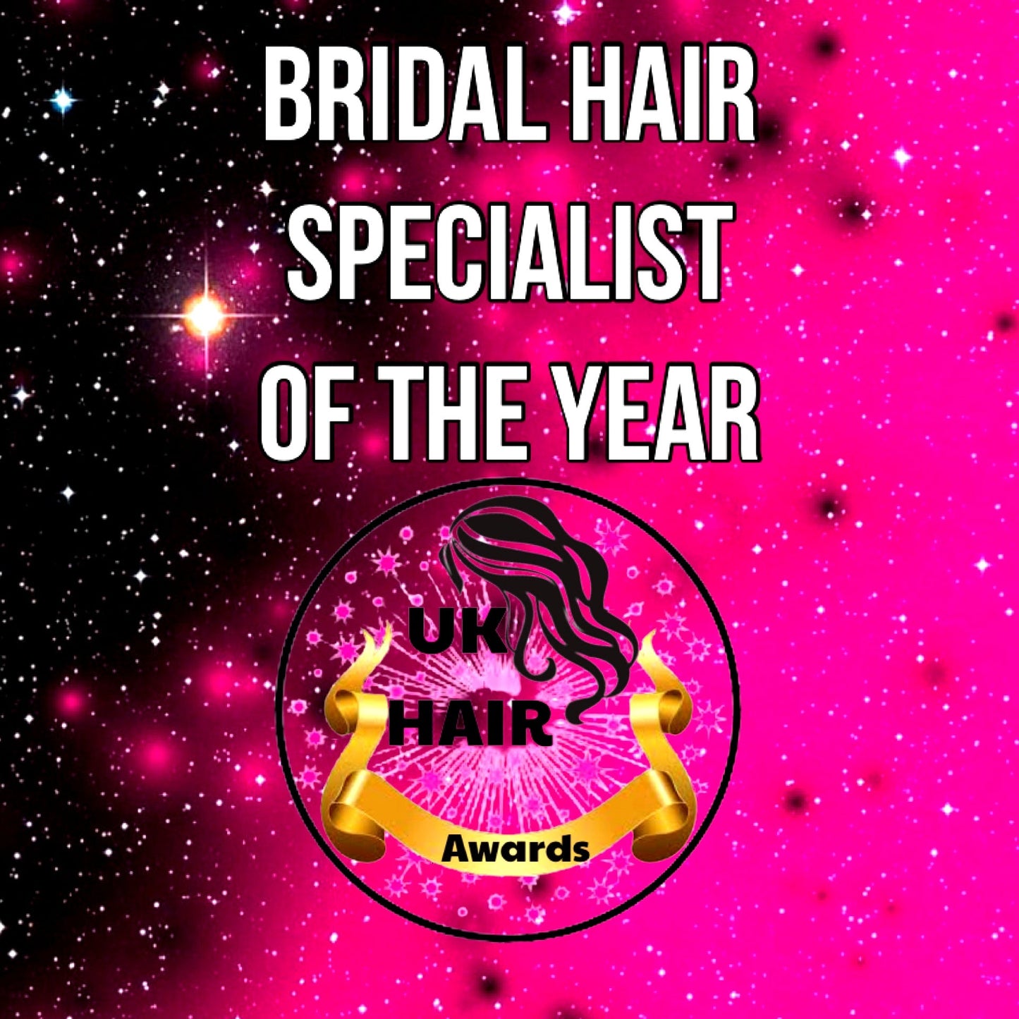 Bridal Hair Specialist of the Year UK Hair Awards 2026 logo with bright pink and sparkling background