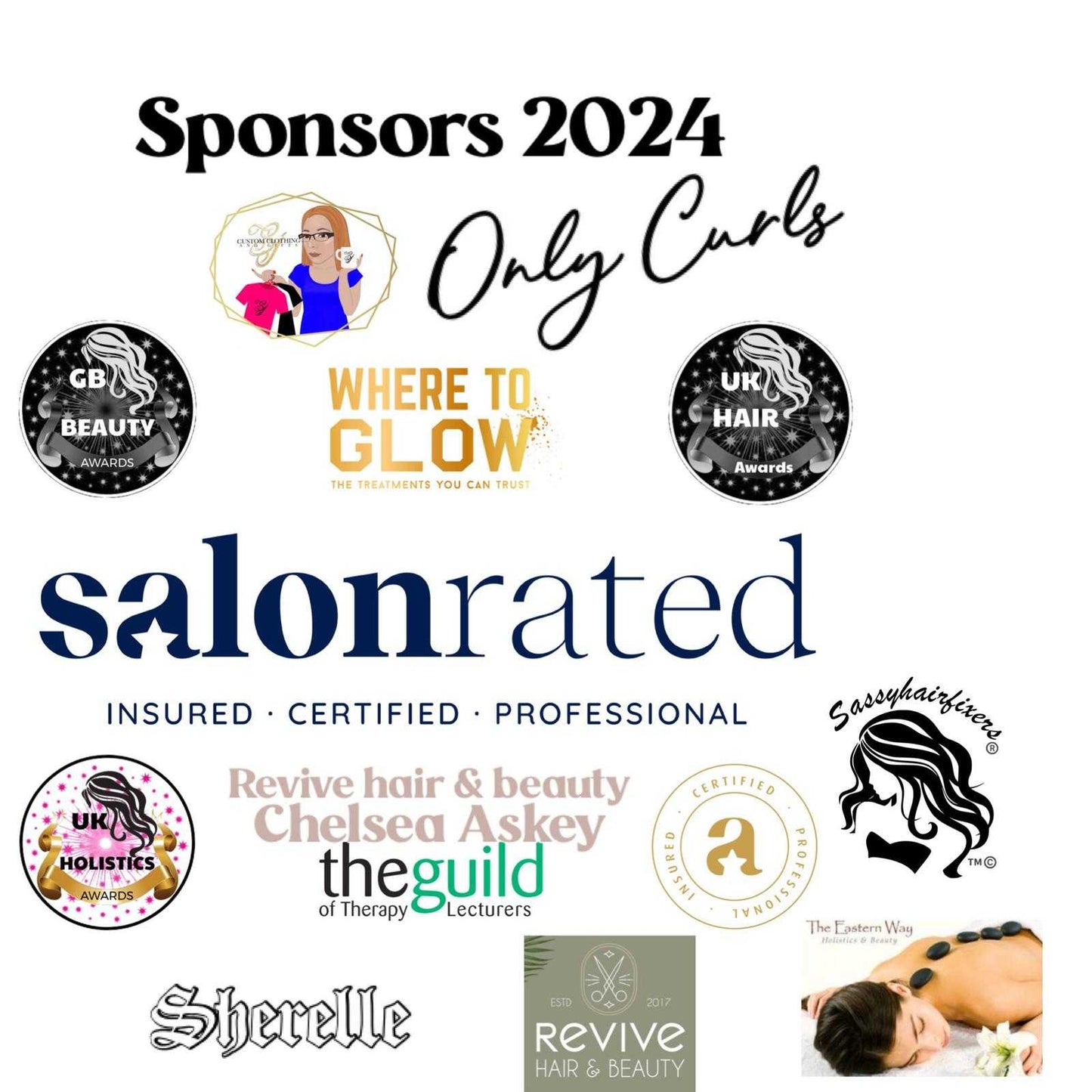 Logos of sponsors for the 2024 GB Beauty Awards Gold Sponsorship package including Only Curls, Where to Glow, Salon Rated, Revive Hair & Beauty, Sherelle, and various beauty and hair awards.