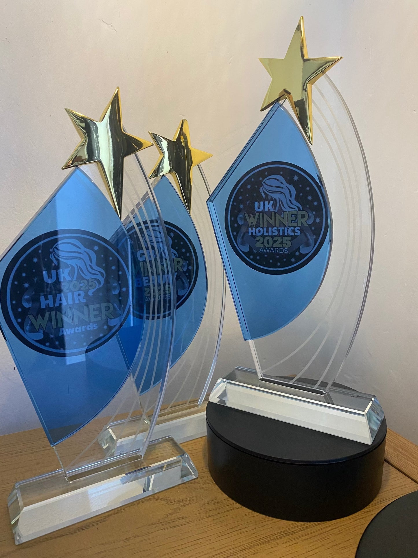 2nd Place National Winner Trophy clear and blue crystal with gold star for Hair, Beauty, or Holistic awards