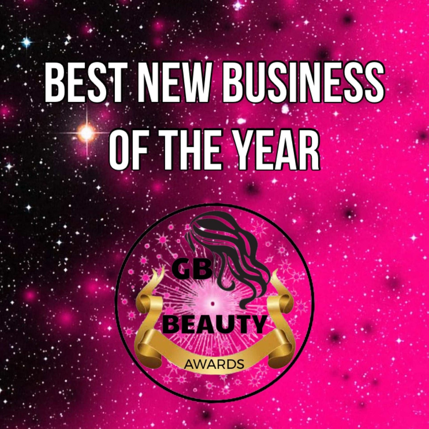 Best New Business of the Year 2026 GB Beauty Awards promotional graphic with pink starry background