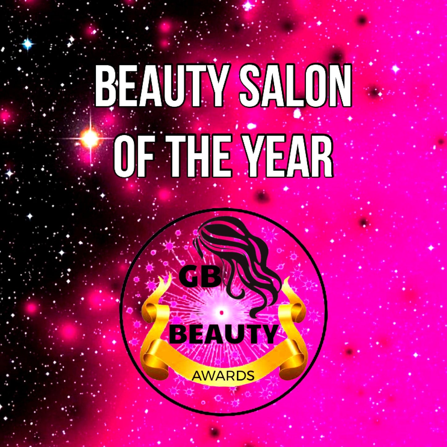 Beauty Salon of the Year award graphic with pink and black starry background and GB Beauty Awards logo.