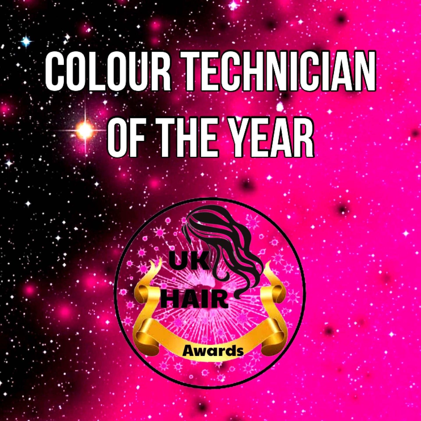 Colour Technician of the Year UK Hair Awards logo on vibrant pink and black starry background