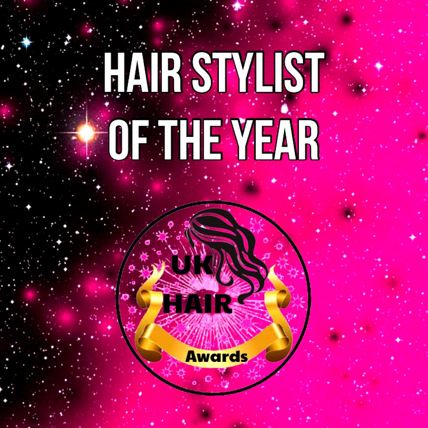 Hair Stylist of the Year UK Hair Awards logo on pink and black starry background