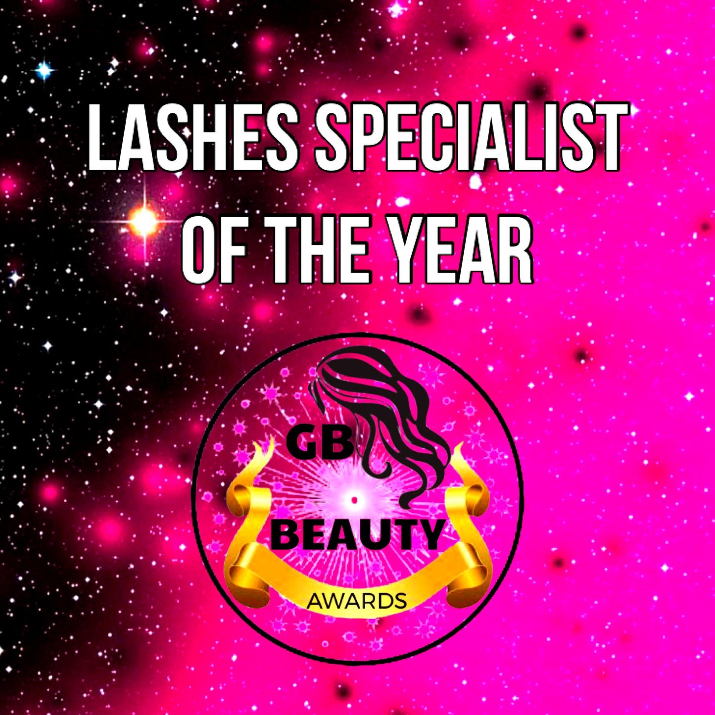 Lashes Specialist of the Year 2026 GB Beauty Awards logo on pink starry background