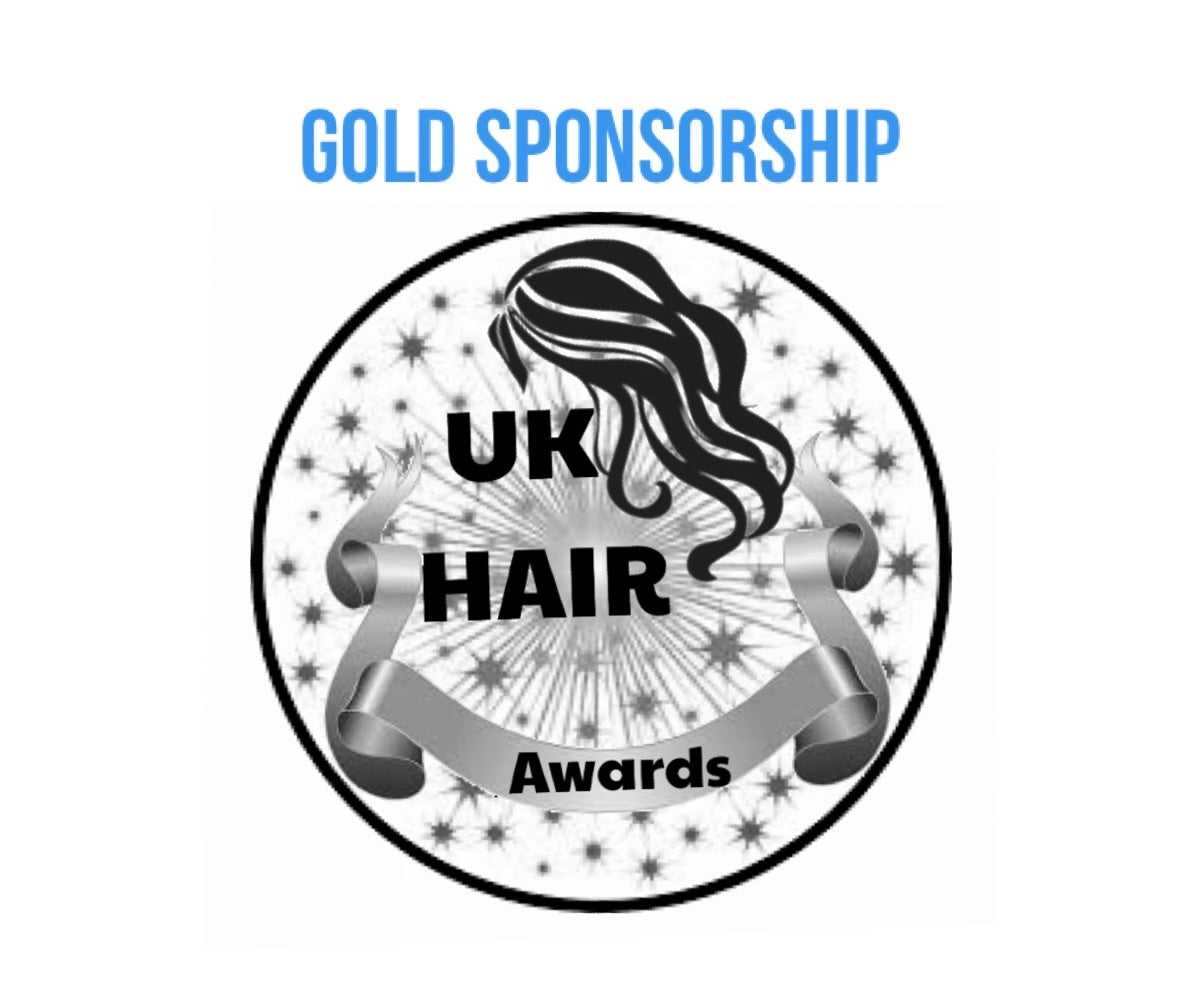 Gold Sponsorship UK Hair Awards logo with stylized hair silhouette and decorative ribbon on starburst background