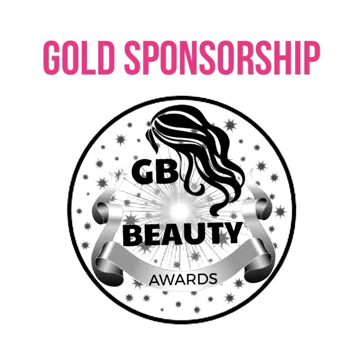 Gold Sponsorship GB Beauty Awards logo with stylized hair and decorative ribbon design