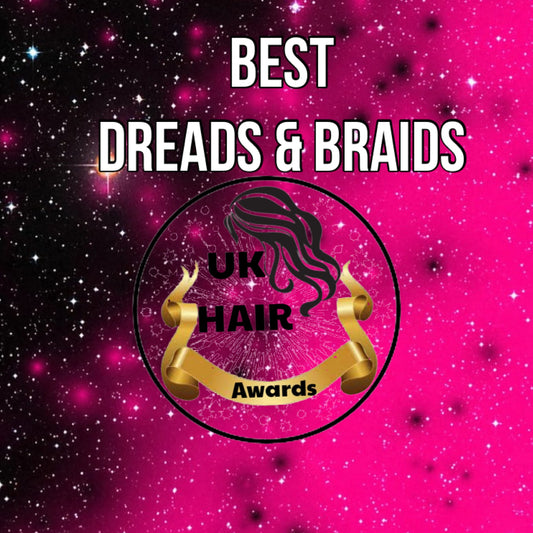 UK Hair Awards Best Dreads & Braids 2026 logo on pink starry background