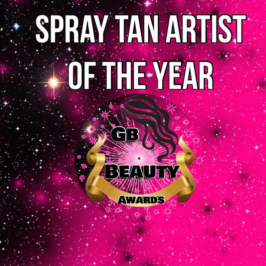 Spray Tan Artist of the Year 2026 GB Beauty Awards logo on pink starry background