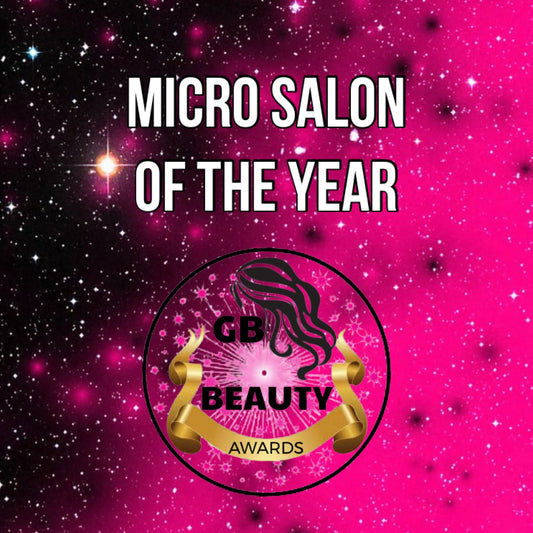 Micro Salon of the Year award logo with pink starry background and GB Beauty Awards emblem.
