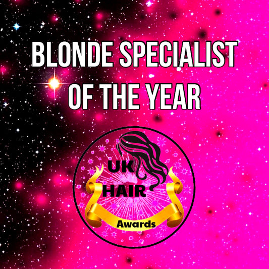 Blonde Specialist of the Year UK Hair Awards 2026 promotional graphic with pink starry background and gold ribbon logo