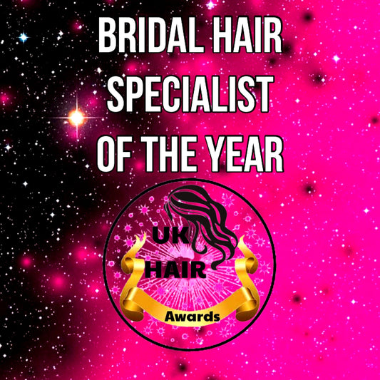Bridal Hair Specialist of the Year UK Hair Awards 2026 logo with bright pink and sparkling background