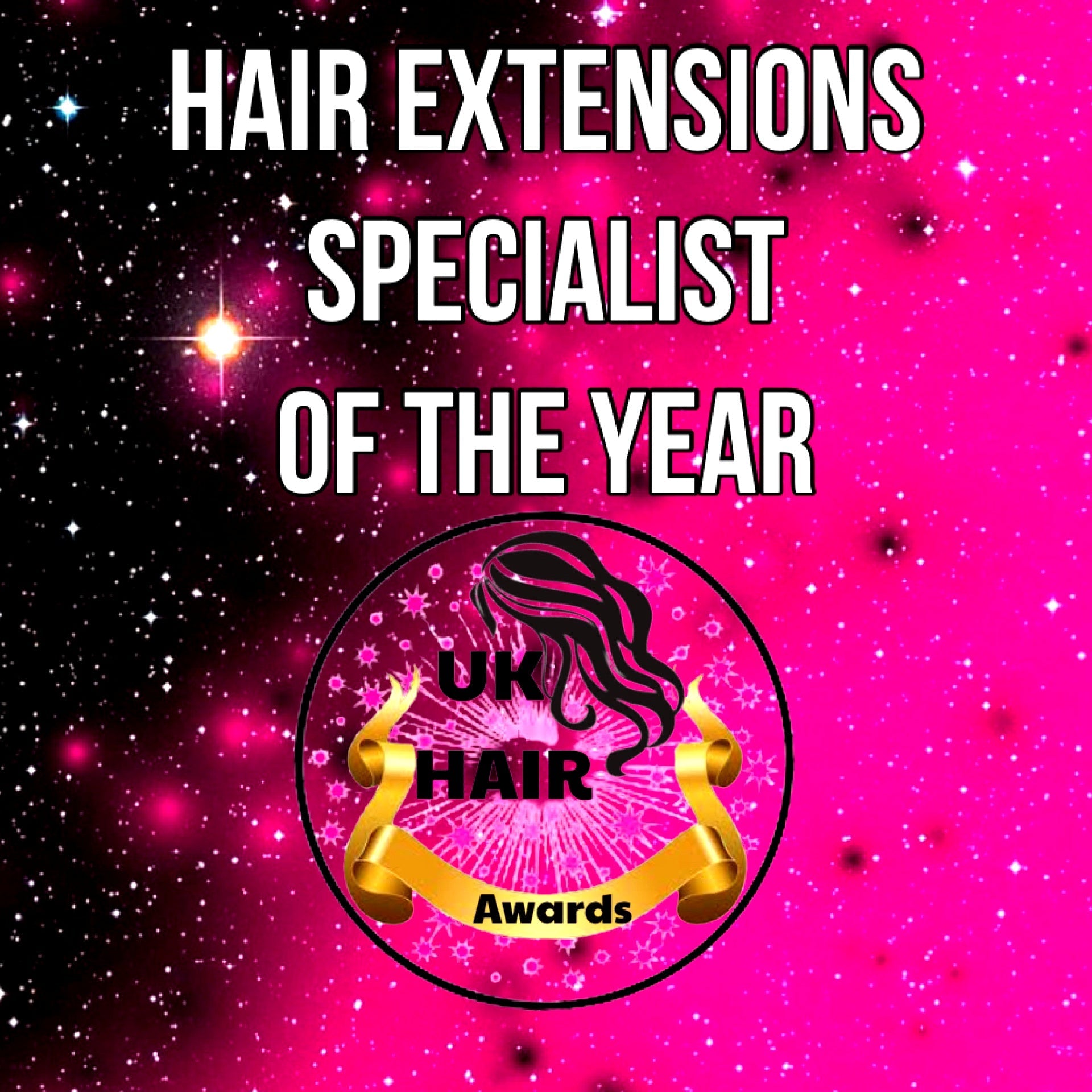 Hair Extensions Specialist of the Year UK Hair Awards promotional graphic with pink starry background and black circular logo.