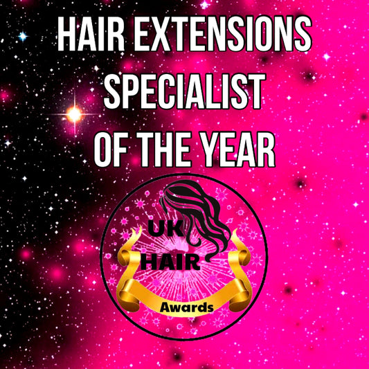 Hair Extensions Specialist of the Year UK Hair Awards promotional graphic with pink starry background and black circular logo.