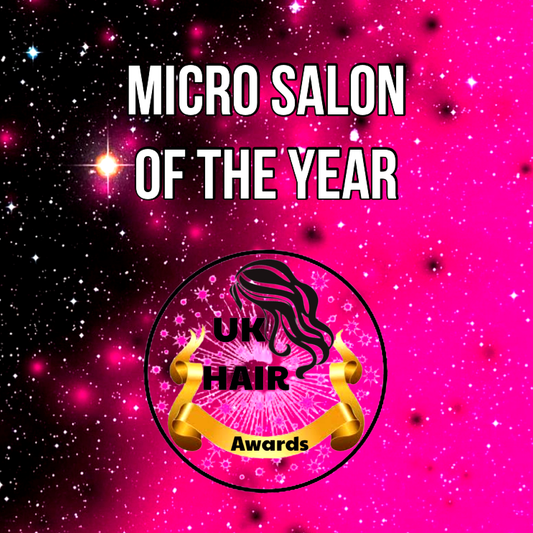 Micro Salon of the Year 2025 UK Hair Awards logo on vibrant pink starry background