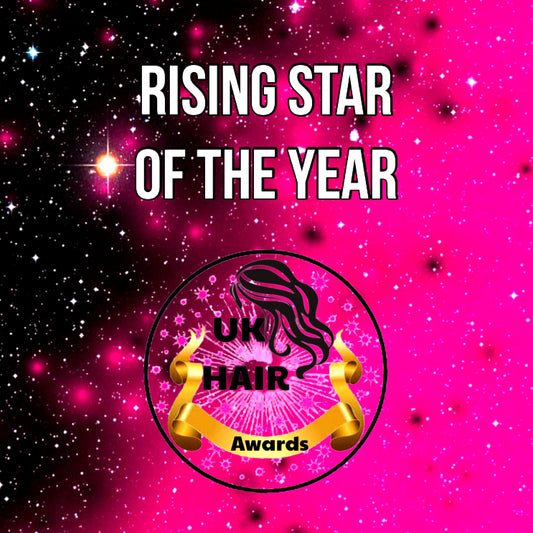 Rising Star of the Year UK Hair Awards logo on pink starry background