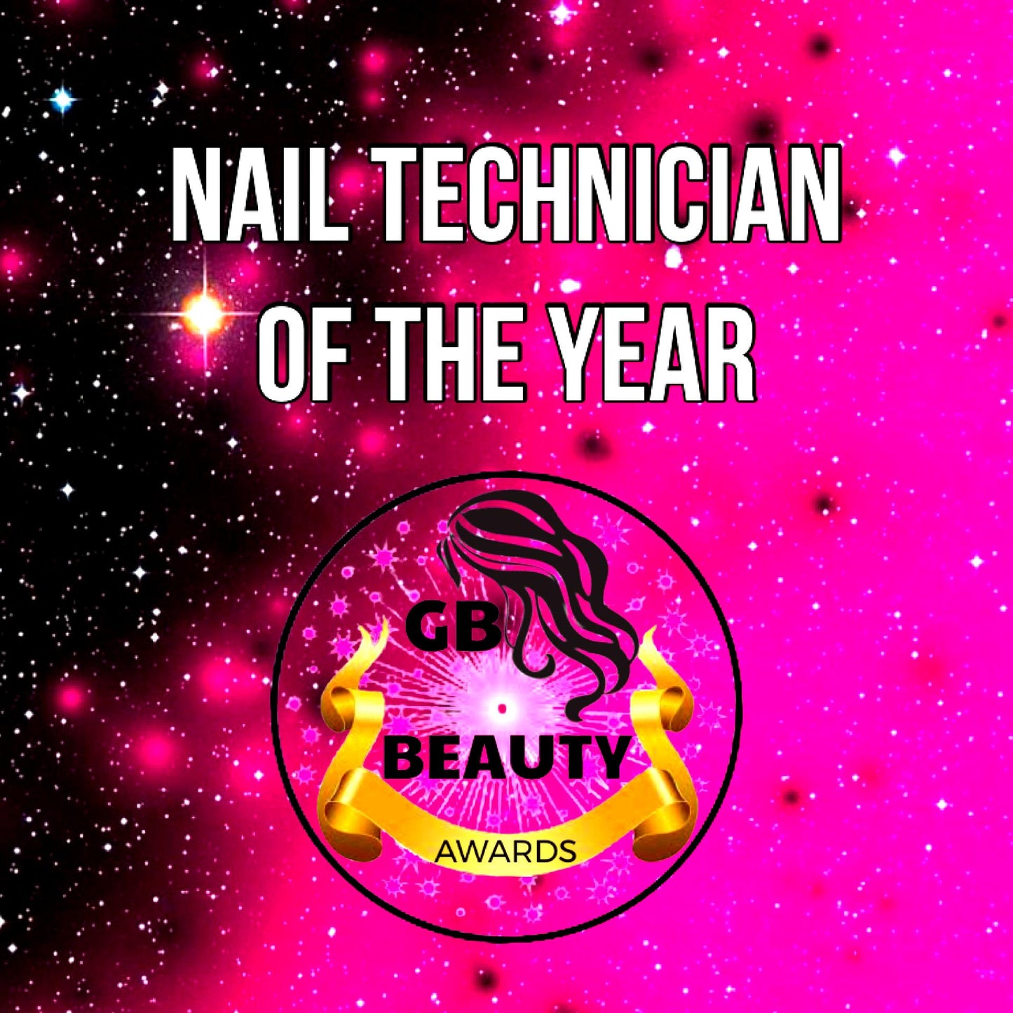 Nail Technician of the Year 2026 GB Beauty Awards logo on a vibrant pink and black starry background