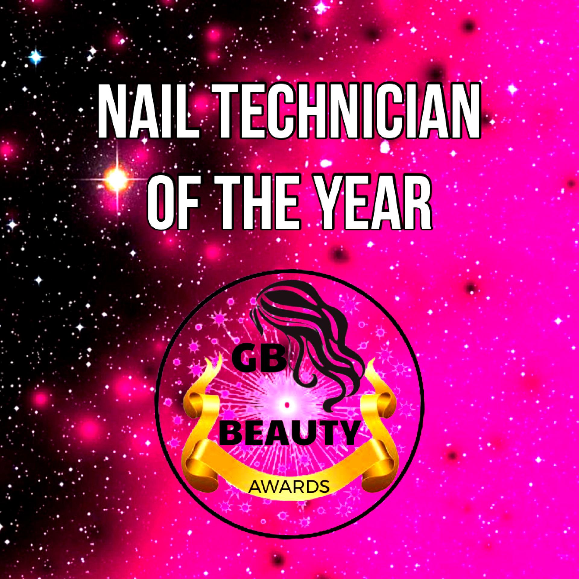 Nail Technician of the Year 2026 GB Beauty Awards logo on a vibrant pink and black starry background