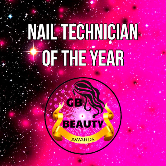 Nail Technician of the Year 2026 GB Beauty Awards logo on a vibrant pink and black starry background