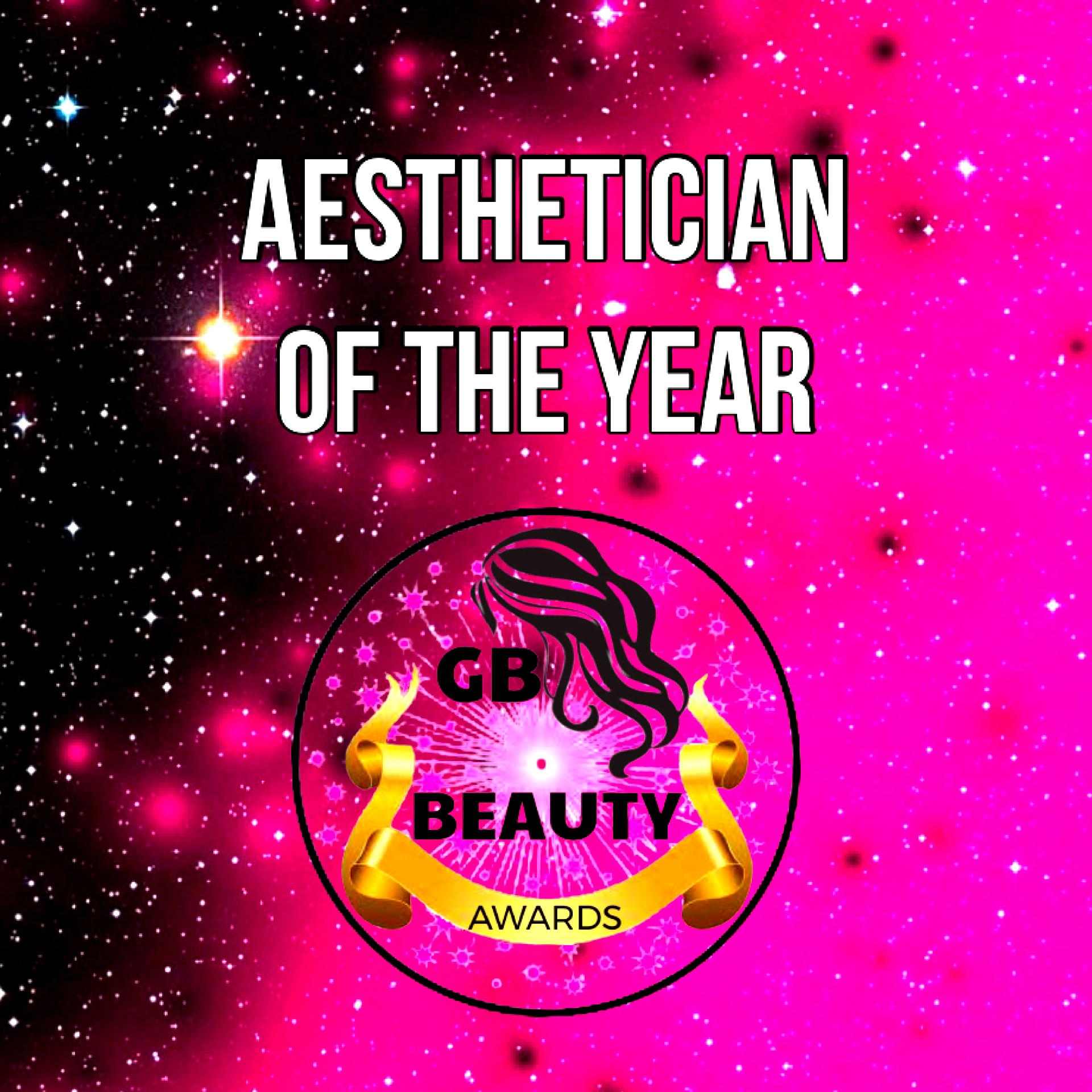 Aesthetician of the Year logo with vibrant pink and black starry background for GB Beauty Awards 2026