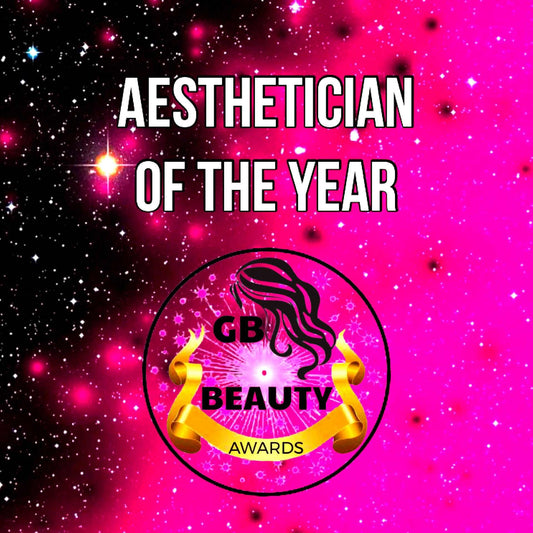 Aesthetician of the Year logo with vibrant pink and black starry background for GB Beauty Awards 2026
