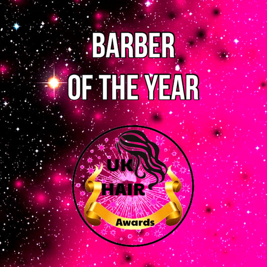 Barber of the Year 2026 UK Hair Awards logo on pink starry background