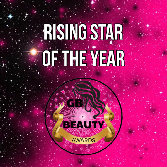 Rising Star of the Year 2026 GB Beauty Awards logo on a pink starry background