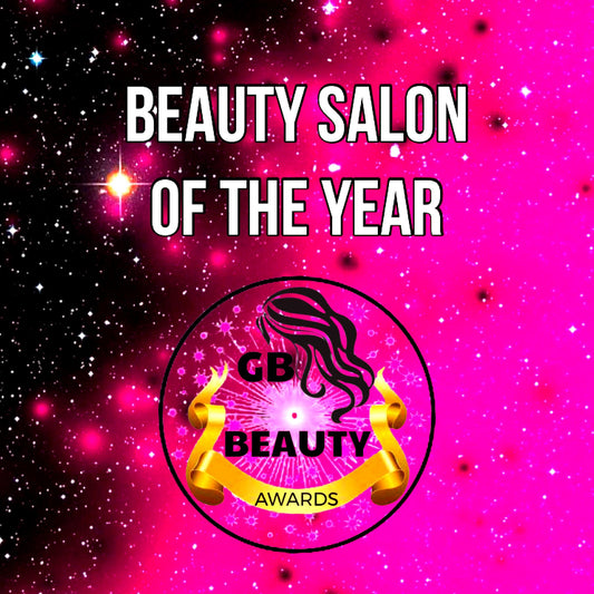 Beauty Salon of the Year award graphic with pink and black starry background and GB Beauty Awards logo.