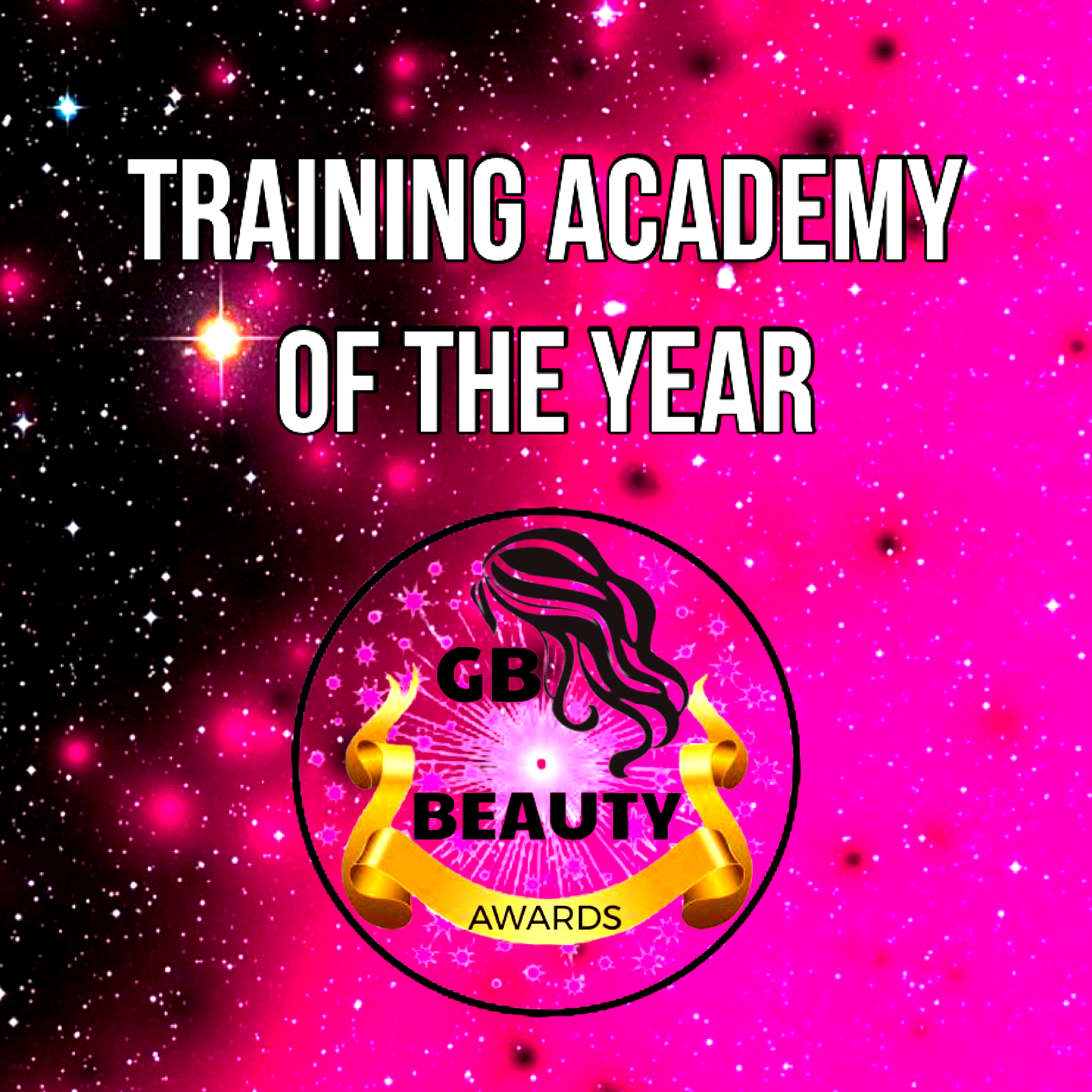 Training Academy of the Year award graphic with pink starry background and GB Beauty Awards logo.
