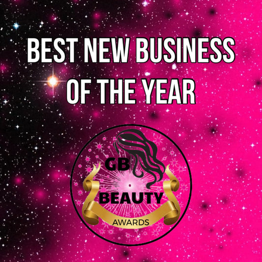 Best New Business of the Year award logo with pink starry background and GB Beauty Awards emblem