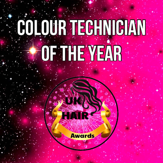 Colour Technician of the Year UK Hair Awards logo on vibrant pink and black starry background