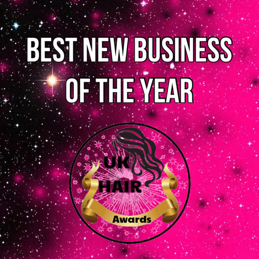UK Hair Awards logo with "Best New Business of the Year" text on a vibrant pink and black starry background