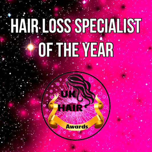 Hair Loss Specialist of the Year 2026 UK Hair Awards logo on pink and black starry background