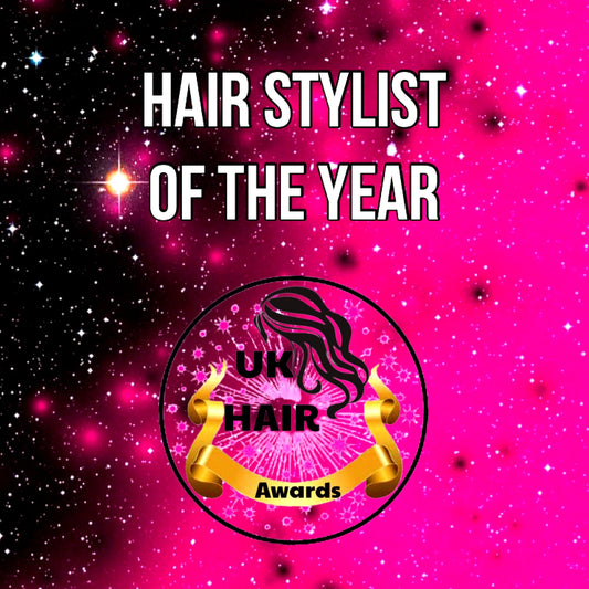 Hair Stylist of the Year UK Hair Awards logo on pink and black starry background