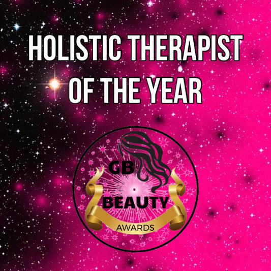 Holistic Therapist of the Year 2026 UK Beauty Awards logo on pink starry background