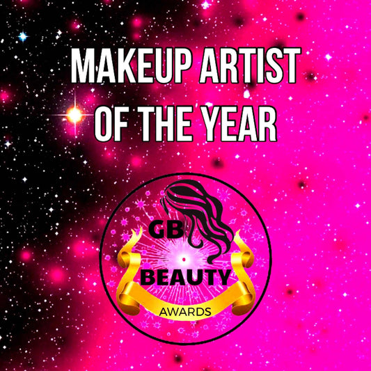 Makeup Artist of the Year 2026 award promotional graphic with pink starry background and GB Beauty Awards logo