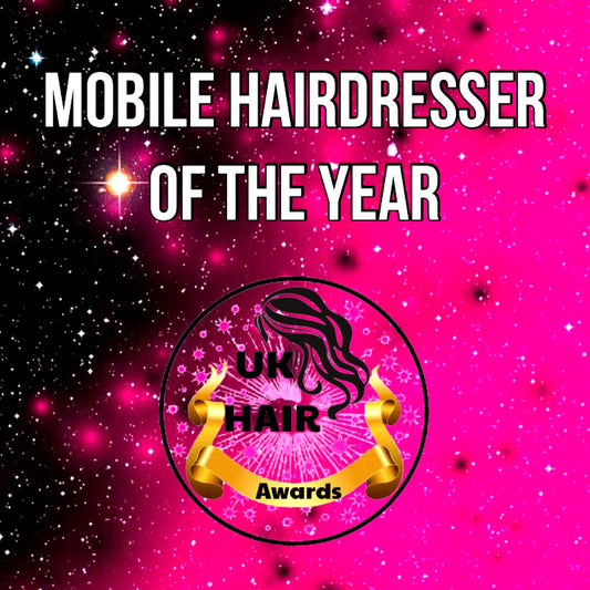 UK Hair Awards Mobile Hairdresser of the Year logo on pink and black starry background