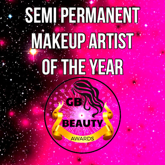 Semi Permanent Make Up Artist of the Year award promotion with GB Beauty Awards logo on pink starry background